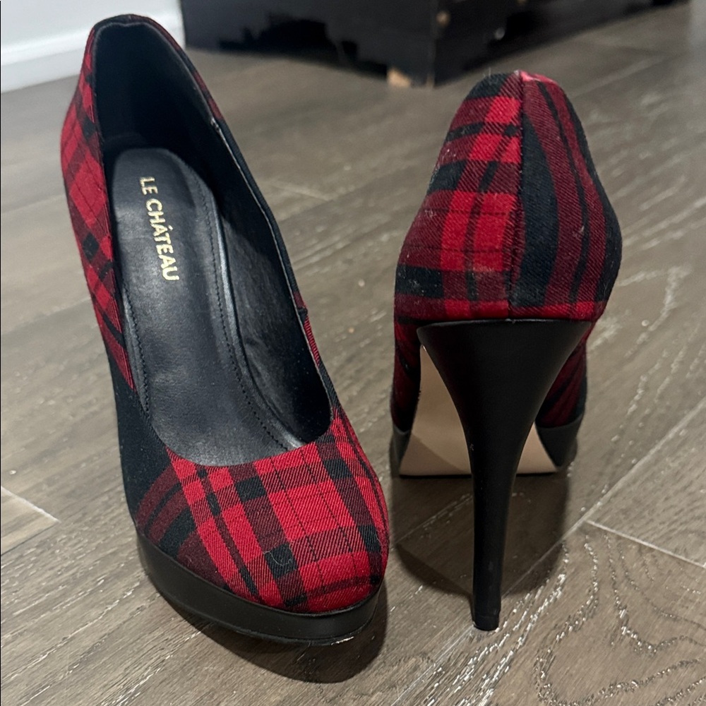 Le Chateau Black and Red Plaid Heels - Picture 1 of 5